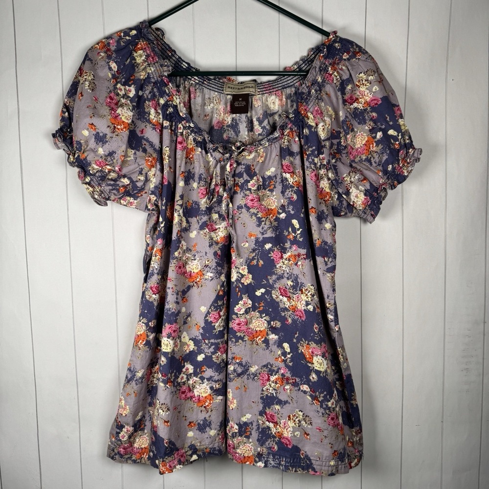 Bit & Bridle Western Cowgirl Ladies Purple Floral‎ Peasant Top Puff Sleeves M